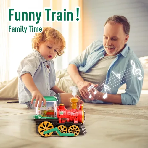 Miniatura 6 de Juguete eléctrico de tren de vapor para niños pequeños de 3 a 5 años, camión Bump and Go con locomotora de vapor, humo, luz y sonido, rotación