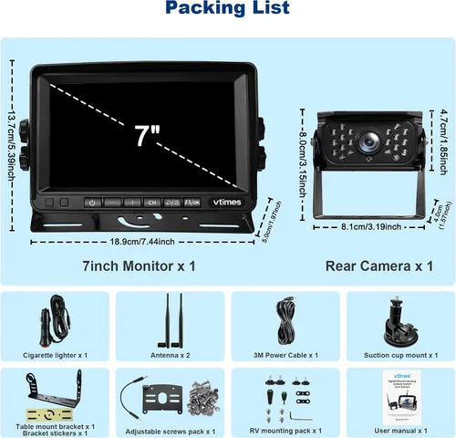 Miniatura 9 de VTimes Cámara de respaldo inalámbrica para camiones, cámara de respaldo RV con monitor HD de 7 pulgadas, pantalla dividida de 4 canales, alerta BSD