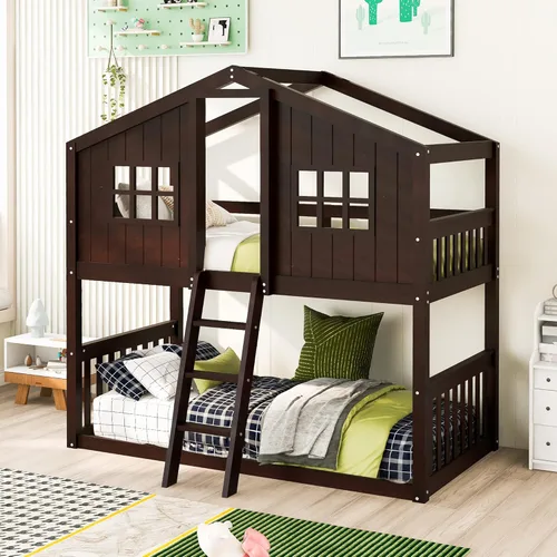 Miniatura 27 de JIVOIT Litera de madera con diseño de techo y ventanas, litera individual sobre individual con nido y escalera integrada para niños, adolescentes