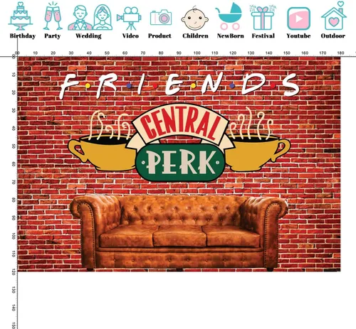 Miniatura 4 de Fondo de 6 x 4 pies para fiesta de amigos de Central Perk, pared de ladrillo rojo, retro, sofá de pub y café, fondo para fotografía de cumpleaños