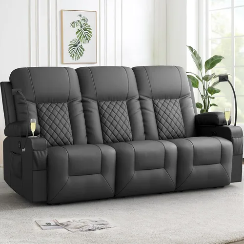 Miniatura 17 de FURNIMAT Sofá reclinable, sofá reclinable doble de 3 asientos, sofá biplaza de piel sintética, moderna silla reclinable para sala de estar, con Negro