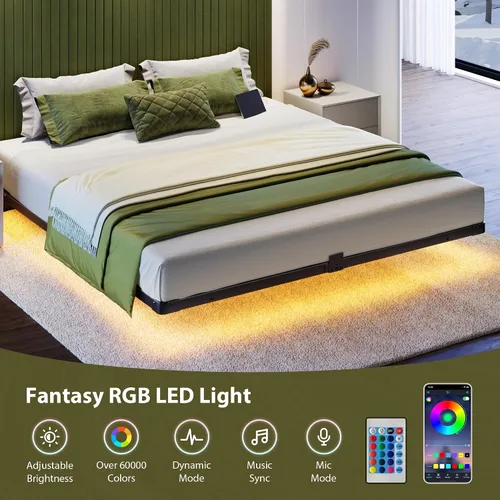 Miniatura 4 de Base de cama flotante tamaño matrimonial, luces LED inteligentes y estación de carga, 9.45 pulgadas de alto espacio libre, tapón deslizante