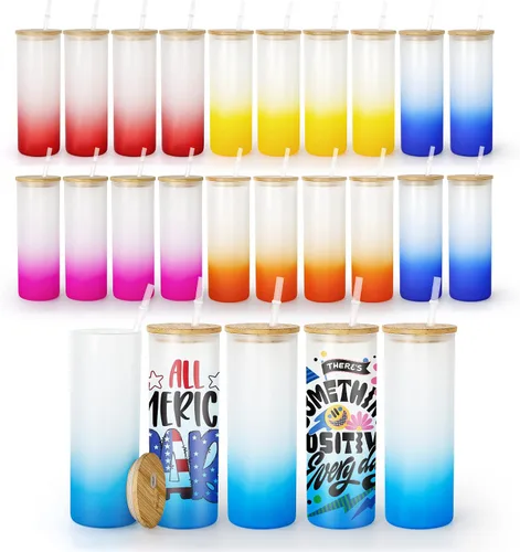 AGH Paquete de 25 vasos de sublimación esmerilados de 25 onzas con tapa de bambú, vidrio de lata de cerveza de sublimación, material de color