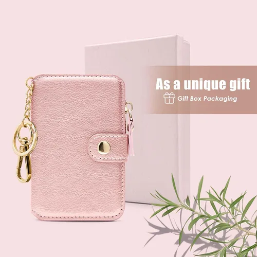 Miniatura 59 de Cartera con llavero, tarjetero con bloqueo RFID de piel, funda para tarjetas de crédito con cremallera para mujer