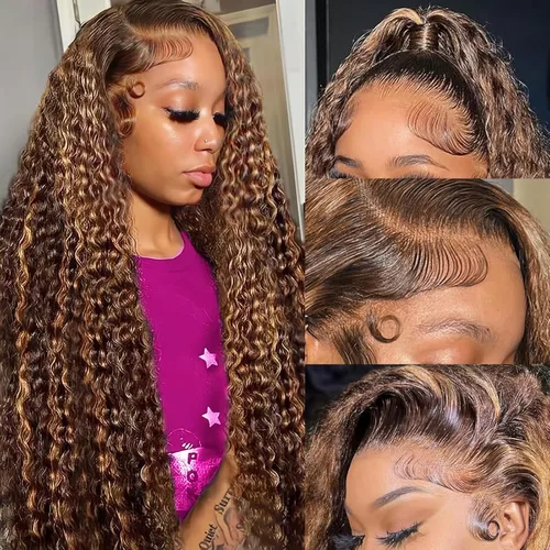 ALSZIQIHR Peluca de Cabello Humano con Encaje Frontal Highlight Ombre de 13 x 4, Pre Plucked HD Transparente 4/27, Rubio Miel, Pelucas Frontales de