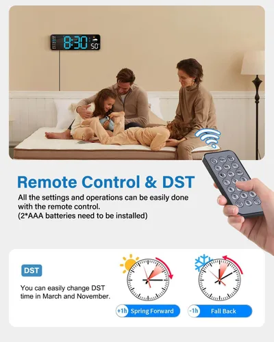 Miniatura 7 de Reloj de pared digital, reloj digital con pantalla grande con control remoto, despertador LED con cable con fecha, semana, temperatura, humedad, DST