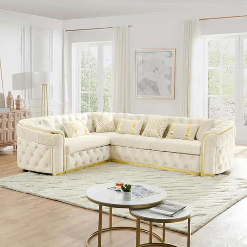 Miniatura 13 de KEIKI Sofá Chesterfield de terciopelo de lujo de gran tamaño de 81 pulgadas con decoración de acero inoxidable dorado, sofá de 3 plazas