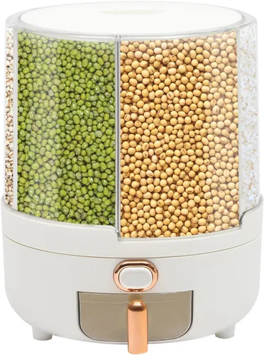 Dispensador de arroz de 15 libras, PET, dispensador de alimentos secos giratorio de 360°, contenedor de almacenamiento de granos de cocina con 6