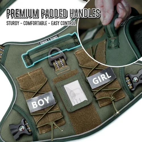 Miniatura 2 de Arnés táctico para perros medianos y grandes, verde, ajustable, sin tirones, con asa, chaleco reflectante resistente, talla L Verde militar