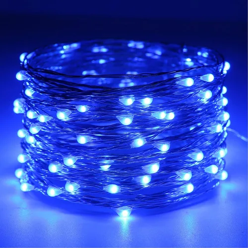 Miniatura 2 de RUICHEN Luces de Hadas de Alambre Plateado Enchufables de 33 Pies, Cadena de 100 Luces LED con Carrete, Azul Waterproof, Silver Coated Copper Wire