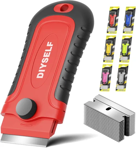 DIYSELF 1 paquete de raspador de hoja de afeitar con 15 cuchillas adicionales, herramienta raspadora para limpiar ventanas, pintura, estufa, horno,