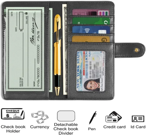 Miniatura 4 de Cubierta de cuero de la PU para registrar cheques duplicados, soporte de chequera de bloqueo RFID, Negro -, Estilo Billetera