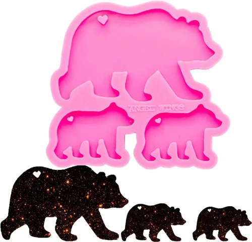 Angel Wings Molde de familia de osos súper brillantes, moldes de silicona para madre y bebé, molde de llavero personalizado para llavero de arcilla