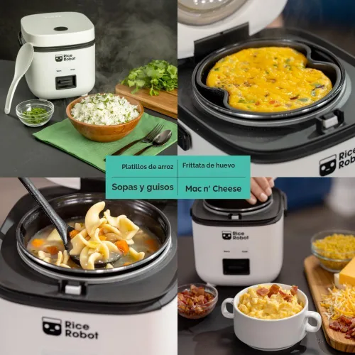 Miniatura 7 de Rice Robot - Arrocera personal, sin PFAS, antiadherente. Capacidad de 1 cuarto, con bandeja de vapor de acero inoxidable, tazas medidoras, libro