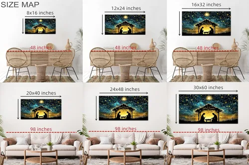 Miniatura 3 de TIMUBA Arte de pared de pesebre navideño, impresiones en lienzo de belén, imagen de póster cristiano de Jesús de noche estrellada, pintura