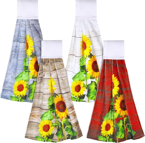 Tatuo 4 toallas de cocina colgantes de girasoles vintage en decoración de granja, tablero de madera varicolor, toallas de mano suaves con lazo para