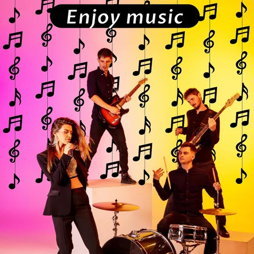 Miniatura 4 de 8 piezas de notas musicales para decoración de fiestas, notas musicales negras, suministros de fiesta temática musical, guirnalda de notas musicales