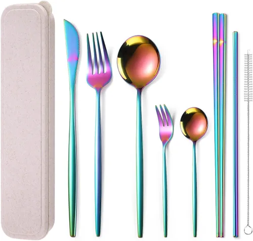 Miniatura 16 de AARainbow Juego de cubiertos de acero inoxidable de 8 piezas, portátil, reutilizable, juego de utensilios de viaje, incluye palillos, cuchillo