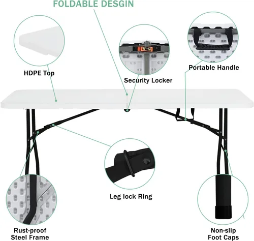 Miniatura 6 de Mesa plegable portátil de 6 pies plegable por la mitad con asa, soporta hasta 500 libras, mesa de comedor para interiores y exteriores para fiestas
