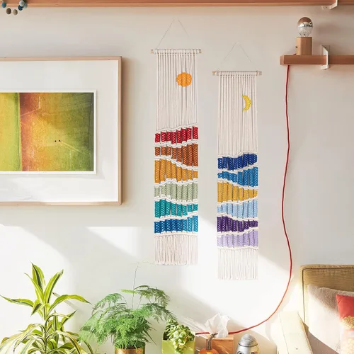 Miniatura 3 de Juego de decoración bohemia para colgar en la pared, 2 piezas de tapiz bohemio del suroeste bohemio hecho a mano con borla larga, adorno de arcoíris