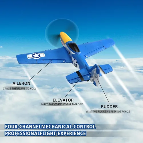 Miniatura 7 de jaming Avión RC P-51D Mustang Fighter de 4 canales para adultos y niños, avión de control remoto de 4 canales RTF con giroscopio de 6 ejes, Azul