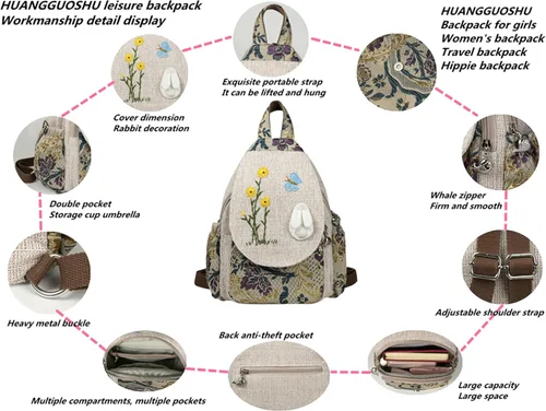 Miniatura 126 de HUANGGUOSHU Mochila de algodón tejida de algodón bohemio con bordado de lona estilo bohemio con múltiples bolsillos retro linda mochila cartera