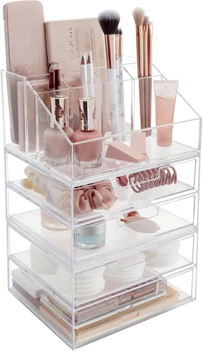 STORi Chloe - Soporte de maquillaje transparente apilable y paquete de 4 cajones | Organiza cosméticos y suministros de belleza | Fabricado en