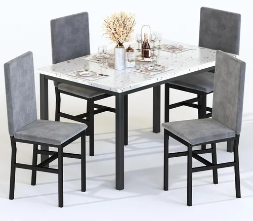 Miniatura 11 de AWQM Isla de cocina con asiento y estante de almacenamiento, mesa de isla de mármol sintético para cocina, mesa de bar moderna y sillas para 2