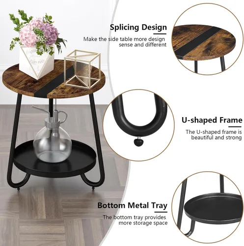 Miniatura 5 de Mesa auxiliar de 2 niveles para sala de estar, mesa de centro redonda de estilo industrial con bandeja de metal, mesa de centro pequeña de madera