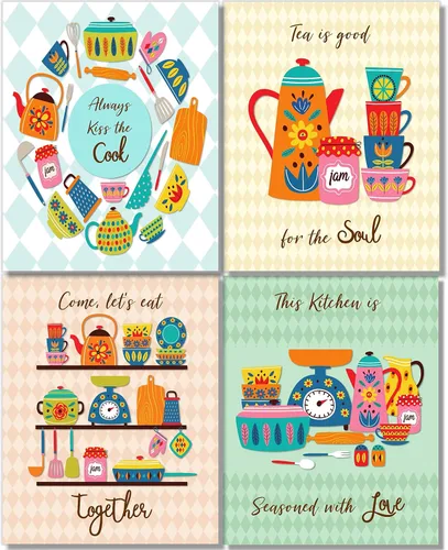 Decoración de pared vintage colorida para cocina, arte retro, juego de 4, 8 x 10, sin marco
