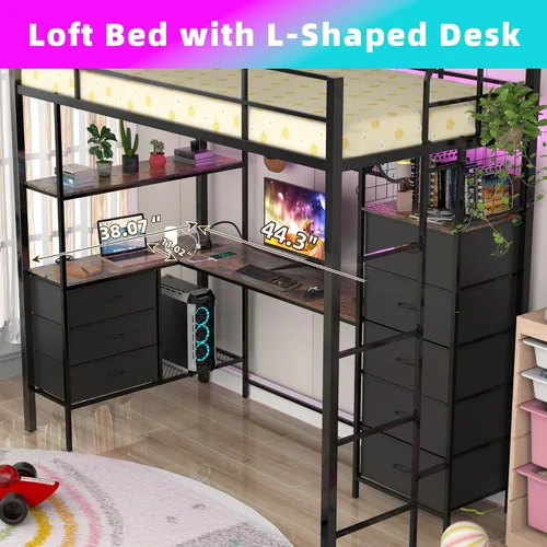 Miniatura 6 de Cama tipo loft de tamaño individual con escritorio, luces LED, estación de carga, base de cama industrial con 3 estantes de almacenamiento y 8