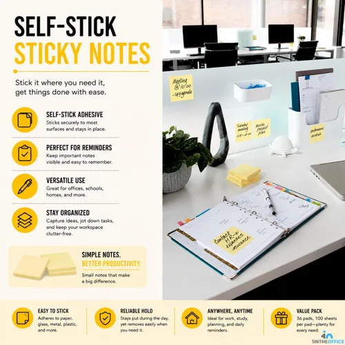 Miniatura 4 de 1InTheOffice Notas adhesivas amarillas, 3 x 3 pulgadas, 36 unidades, 36 unidades, 3600 blocs de notas (36)