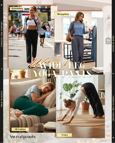 Miniatura 16 de Neer - Conjunto de 3 pantalones de yoga de pierna ancha para mujer - Pantalones deportivos cómodos, holgados, de cintura alta y casuales