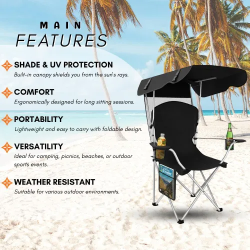 Miniatura 6 de Sillas de camping plegables portátiles con toldo, silla de playa para adultos, resistente a la intemperie de 600D Oxford Cloth, silla de camping