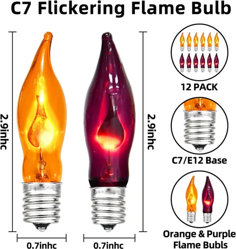 Miniatura 2 de Paquete de 12 bombillas naranjas y moradas de Halloween, bombillas de llama base E12, bombillas de repuesto de llama parpadeante C18 para luces