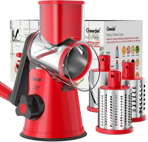 Geedel Rallador giratorio de queso, cortador de verduras de mandolina de cocina con 3 cuchillas intercambiables, rallador fácil de limpiar para Rojo