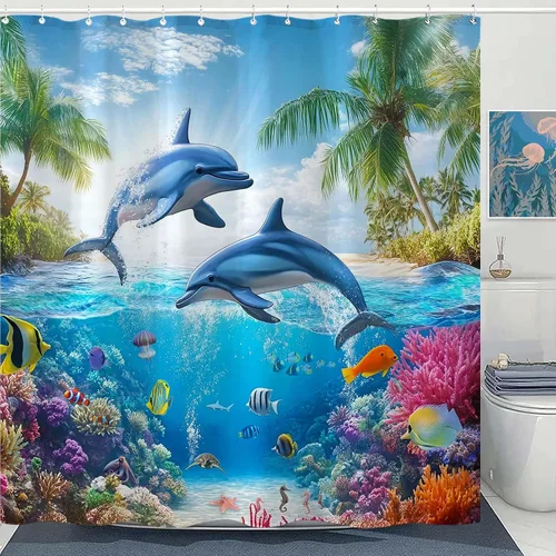 Miniatura 18 de Juego de cortinas de ducha relajadas con diseño de ondas de arte japonés impermeable, cortina de ducha para baño, divertida escena de vacaciones