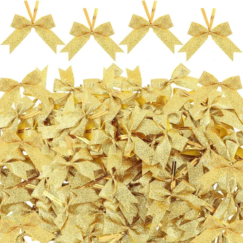 Xinnun 100 piezas de lazos de cinta de Navidad de 2 pulgadas con brillo, preatados, mini, brillantes, lazos de poliéster para bricolaje, Dorado