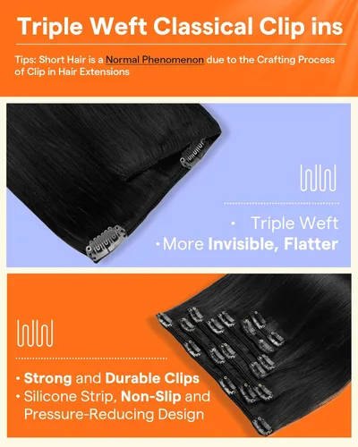 Miniatura 5 de Full Shine - Extensiones de clip de cabello humano, extensiones doble capa de cabello brasileño lacio - Color 1, negro azabache, 7 piezas, 4.2 onzas