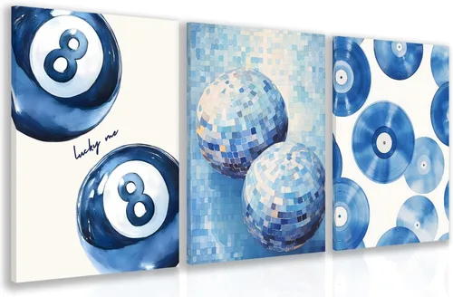 Miniatura 10 de GELDSTEI Arte de Pared de Guepardo Azul Preppy, Imágenes Estéticas Retro de Bola 8 Azul Marino, Obra de Arte en Lienzo Envuelto de Labios de Beso