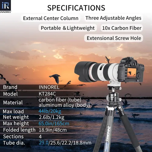 Miniatura 2 de Trípode de viaje portátil súper profesional KT284C de fibra de carbono para cámara DSLR, soporte compacto resistente, soporte de soporte de tubo