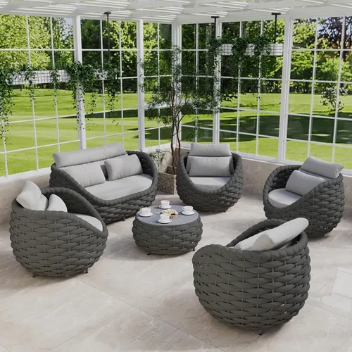 Miniatura 28 de Juego de muebles de patio de 4 piezas ensamblado, conjunto de sofá de conversación para exteriores de cuerda tejida a mano - Sofá de aluminio Cuerda