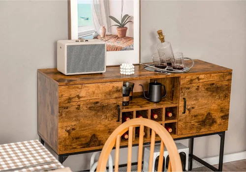 Miniatura 5 de LOKO Gabinete de buffet industrial con almacenamiento, gabinete de vino de cocina para el hogar con estante para 8 botellas y estante de malla
