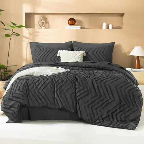 Miniatura 27 de Litanika Juego de ropa de cama con edredón tamaño King con sábanas beige - Juego de 7 piezas en una bolsa, diseño King Chevron copetudo bohemio