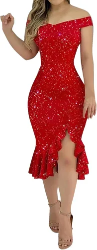 Miniatura 4 de Mini vestidos de verano para mujer, sexy, con hombros descubiertos, manga corta, con lentejuelas, volantes, irregulares, para cócteles