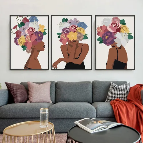 Miniatura 4 de Juego de 3 pinturas de pared afroamericanas con diseño de flores negras para mujer, diseño de cabeza negra, pintura en lienzo, cuadros sin marco