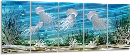 Miniatura 12 de SYGALLERIER Arte de pared abstracto de metal costero, hecho a mano, gran 3D, azul y plateado, ilustraciones modernas de olas de mar, escultura