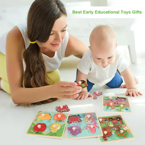 Miniatura 6 de Rompecabezas de madera con clavijas para niños de 1 a 3 años, juguete educativo de preescolar con clavijas para niños, juego de 4 rompecabezas