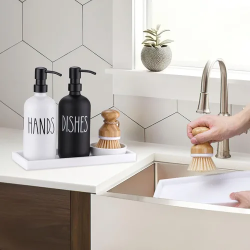 Miniatura 7 de Dispensador de Jabón de Vidrio para Cocina, Juego de Dispensador de Jabón para Platos y Jabón de Mano, Juego de Dispensador de Loción de Jabón