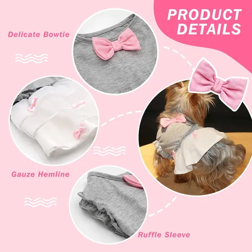 Miniatura 2 de KYEESE Vestido para perros gris con corbatín rosa para mascotas, ropa para cachorros para perros pequeños, falda para perros